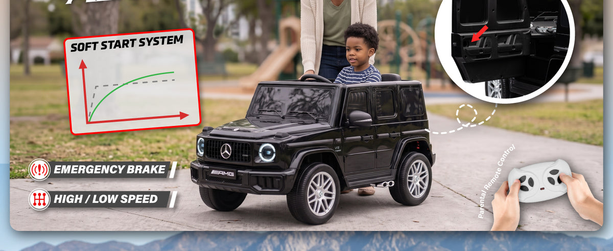 Child driving the Mercedes-AMG G63 ride-on car with soft start, remote control and secure door locks