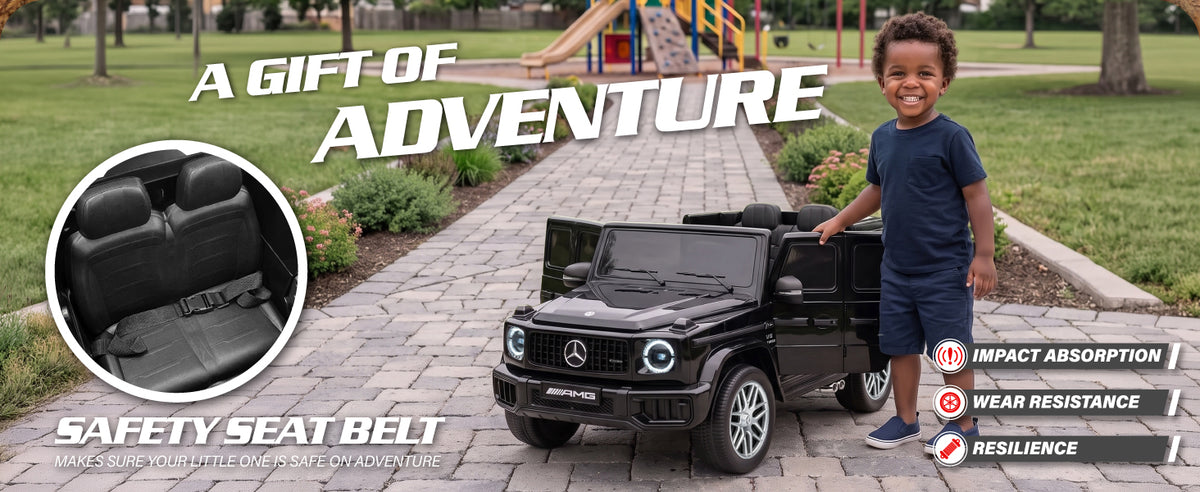 Mercedes-AMG G63 kids ride-on car with safety belt, opening doors and wear-resistant wheels
