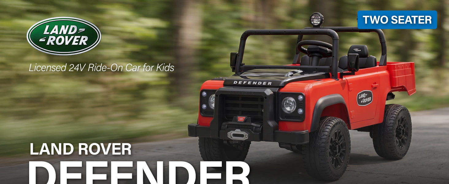 Officially licensed 24V Land Rover Defender two-seater kids ride-on car in red