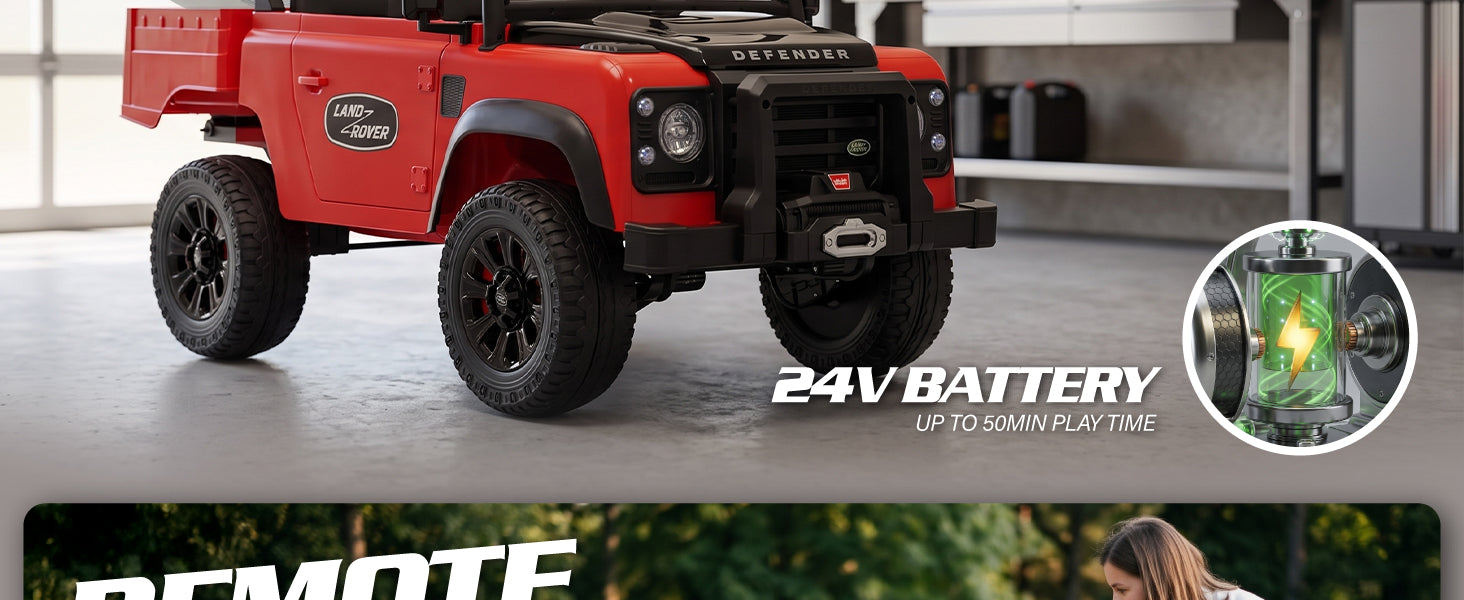 Red Land Rover Defender kids ride-on car with 24V battery and up to 50 minutes of playtime