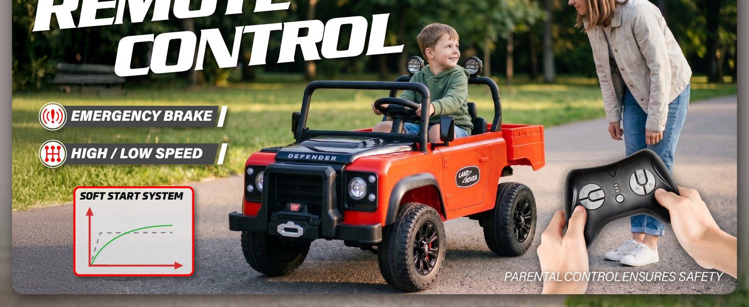 Child driving the Land Rover Defender ride-on car with parental remote control, emergency brake and soft start