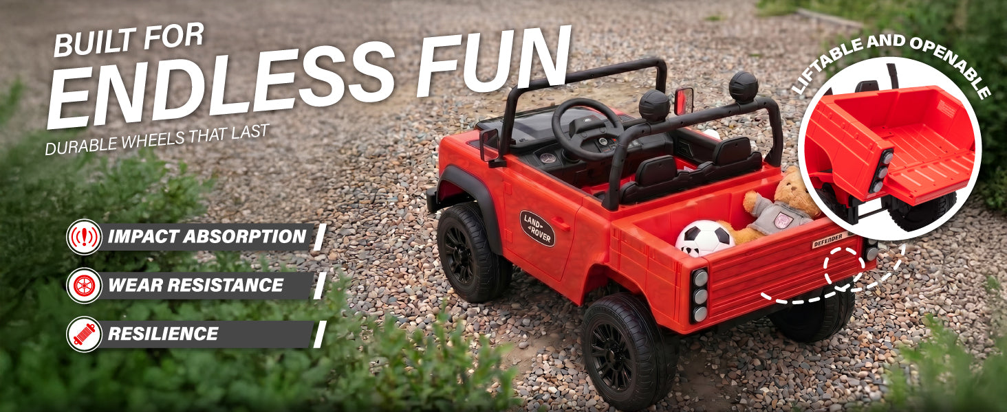 Land Rover Defender kids ride-on car with durable wheels and liftable rear cargo bed