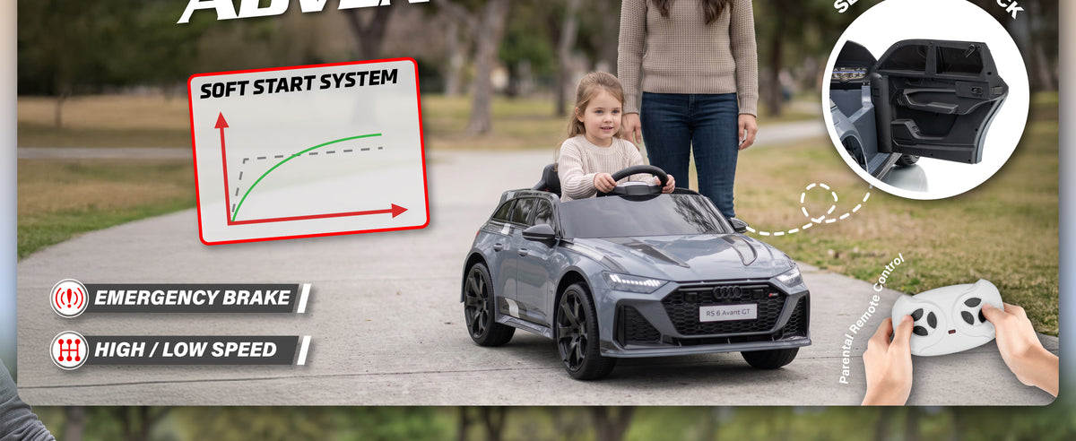 Child driving the Audi RS 6 GT ride-on car with soft start, remote control and secure door locks