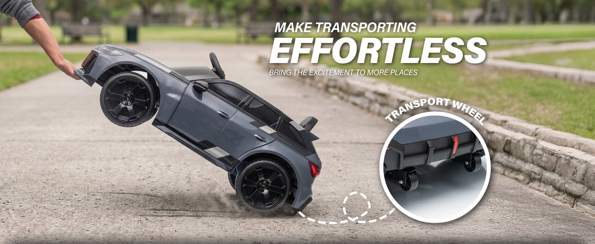 Built-in transport wheels for easily moving the Audi RS 6 GT kids ride-on car
