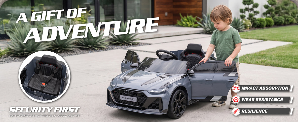 Audi RS 6 GT kids ride-on car with safety belt, opening doors and durable wheels