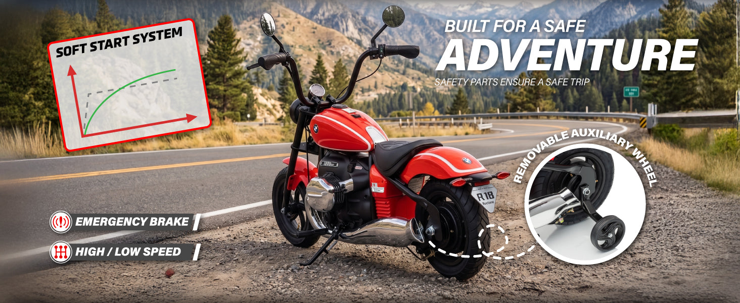 BMW R 18 Kids Electric Motorcycle with Soft Start, Emergency Brake and Removable Auxiliary Wheels