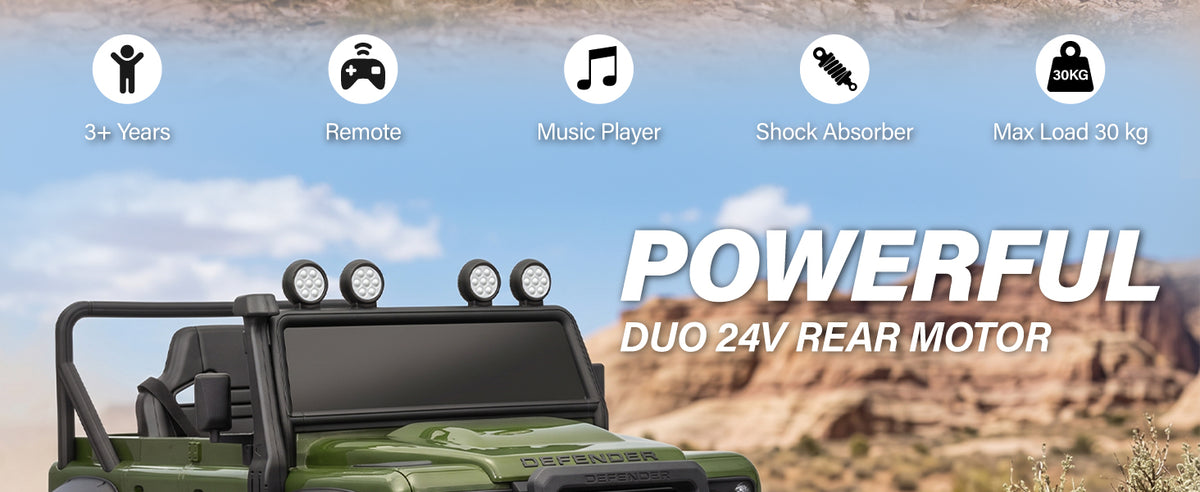 Land Rover Defender kids ride-on car with dual rear motors, remote control and shock absorbers