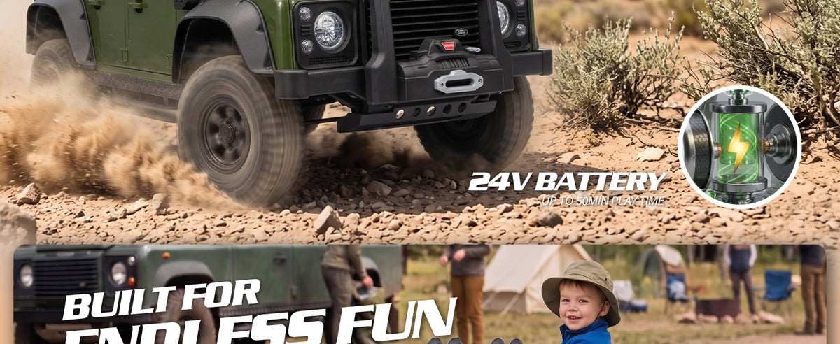 Land Rover Defender ride-on car with 24V battery and up to 50 minutes of playtime