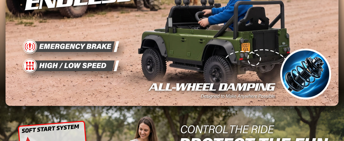Child driving the Land Rover Defender ride-on car with suspension, emergency brake and speed settings