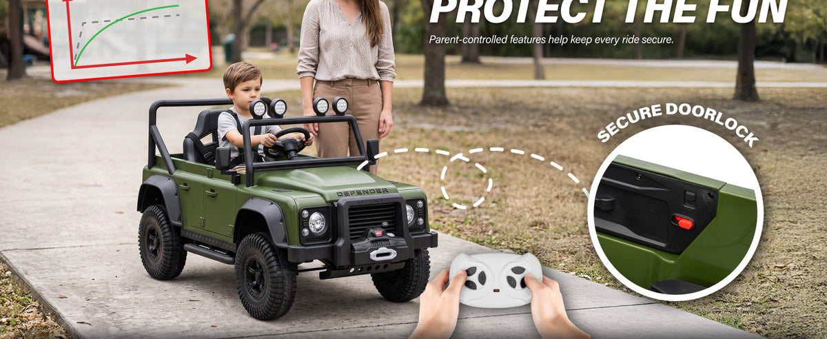 Land Rover Defender kids ride-on car with soft start, parental remote control and secure door locks