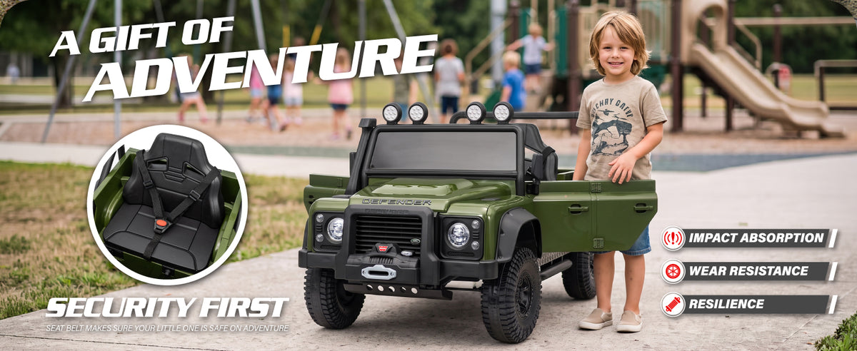 Land Rover Defender kids ride-on car with safety belt, opening doors and durable all-terrain wheels