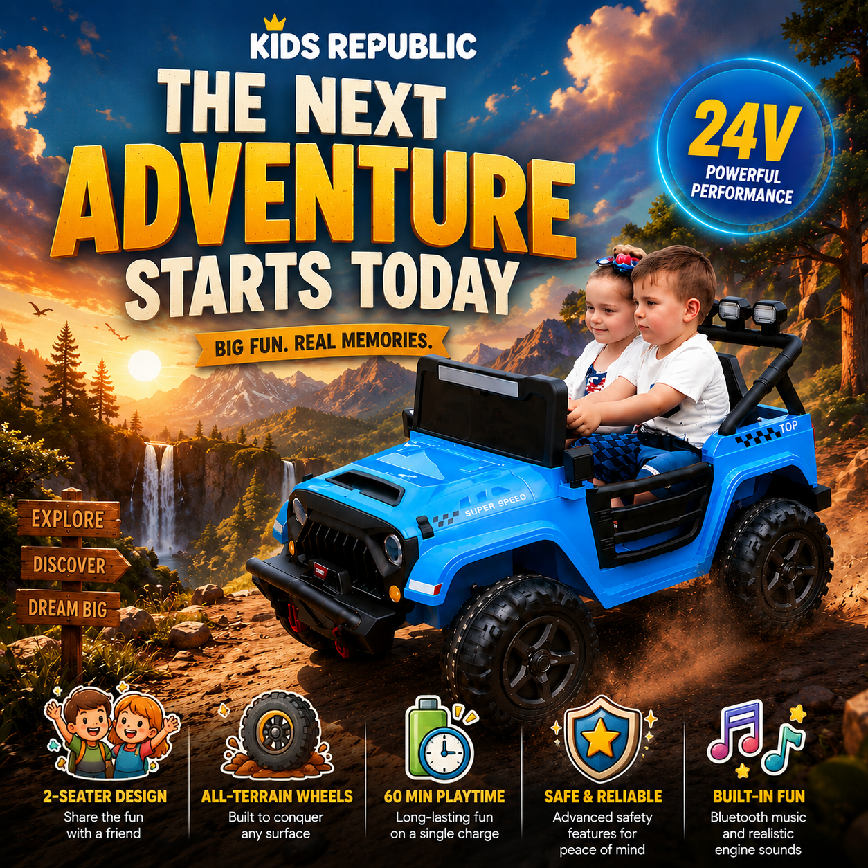 HAVOC 2 Seater Jeep 24V Kids Ride On Car Toy with Open Doors, Realistic Lights and Remote Control