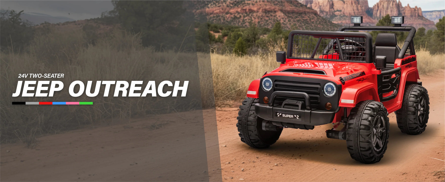 Red 24V two-seater kids ride-on Jeep Outreach on an outdoor trail