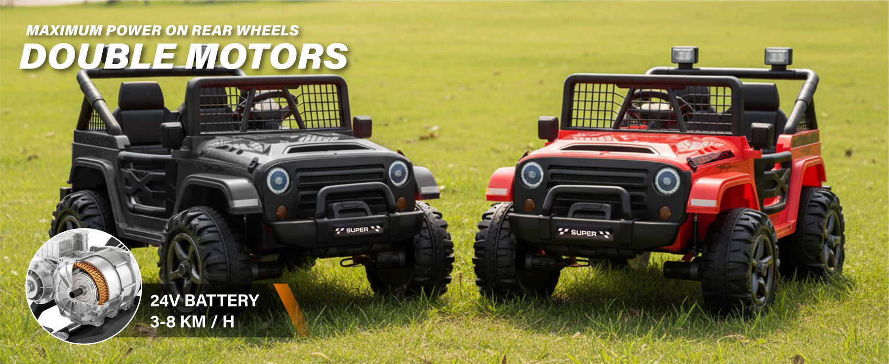 Red and black 24V kids ride-on Jeeps with dual rear motors and 3–8 km/h speed