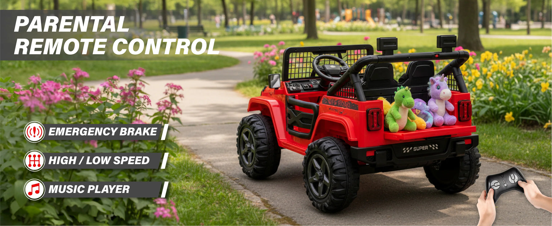Red 24V kids ride-on Jeep with parental remote control, emergency brake and speed settings