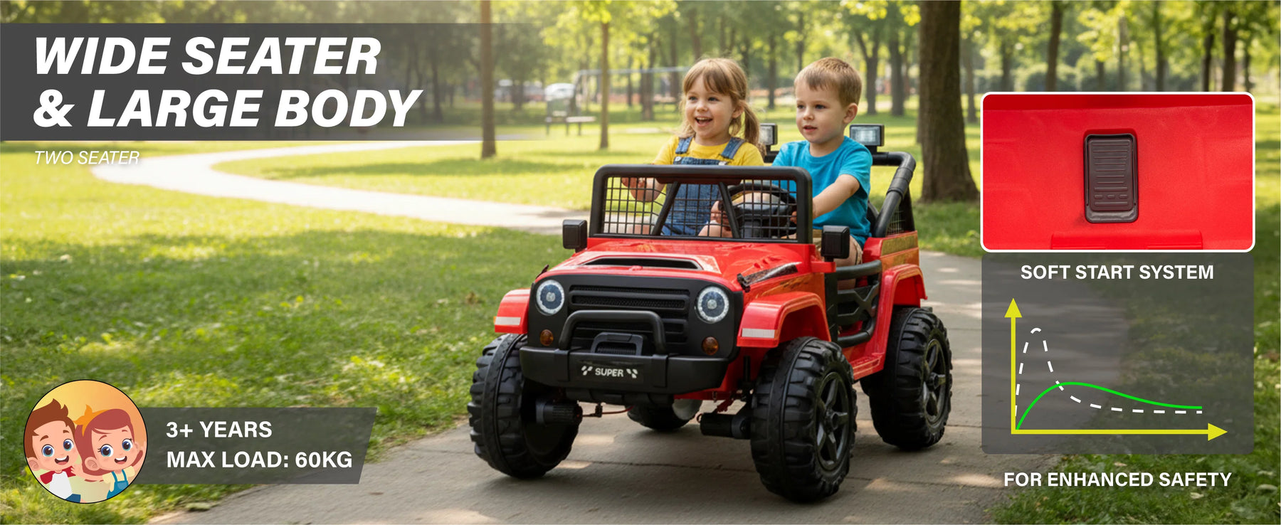 Two children riding a wide two-seater 24V kids Jeep with soft-start system