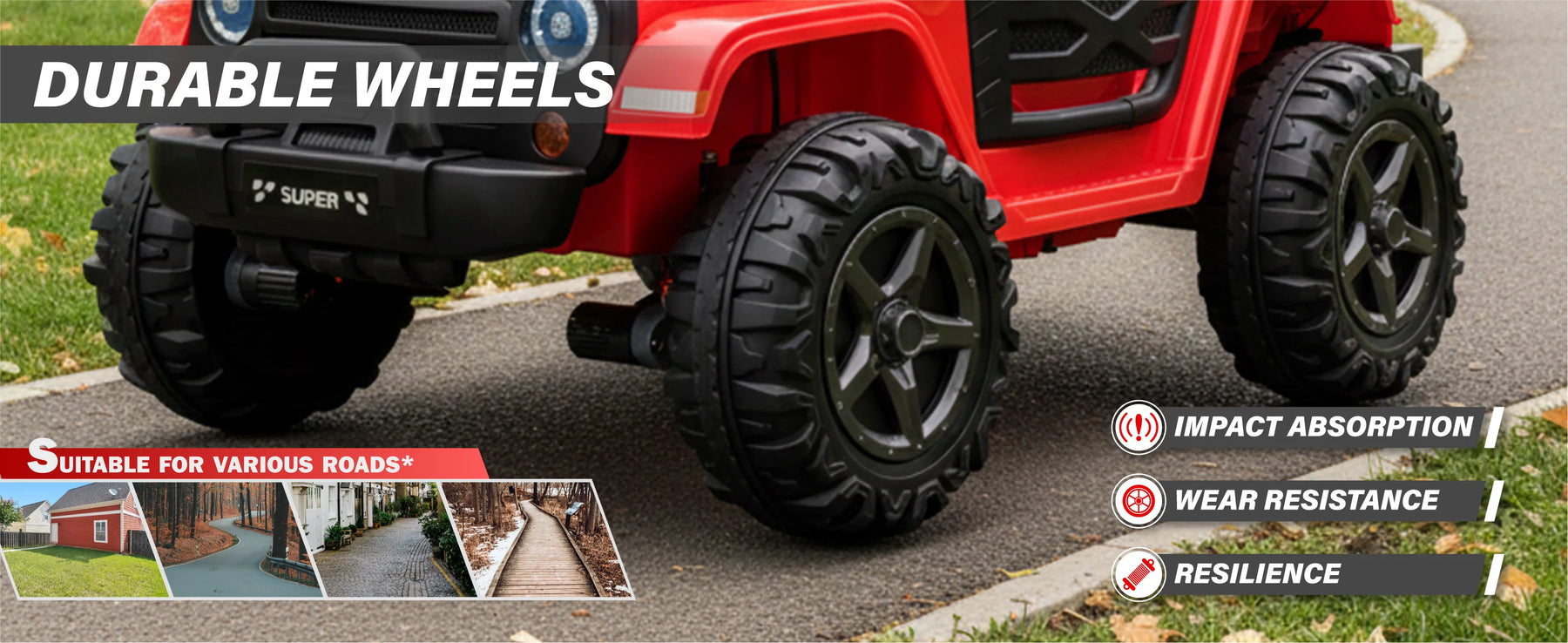 Durable treaded wheels with impact absorption and wear resistance on the 24V kids ride-on Jeep