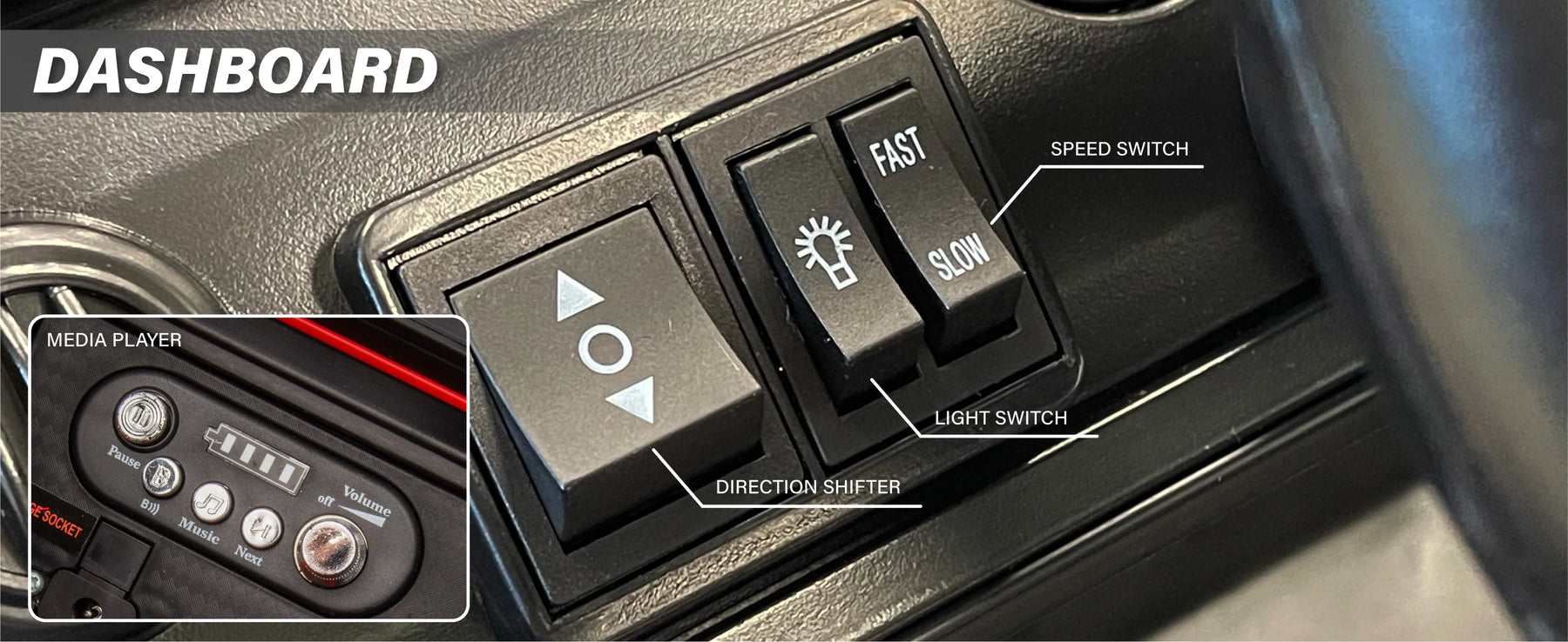 Kids ride-on Jeep dashboard with direction shifter, light switch, speed control and media player