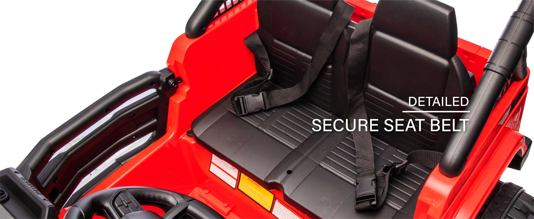Wide two-person seat with individual safety belts on the 24V kids ride-on Jeep