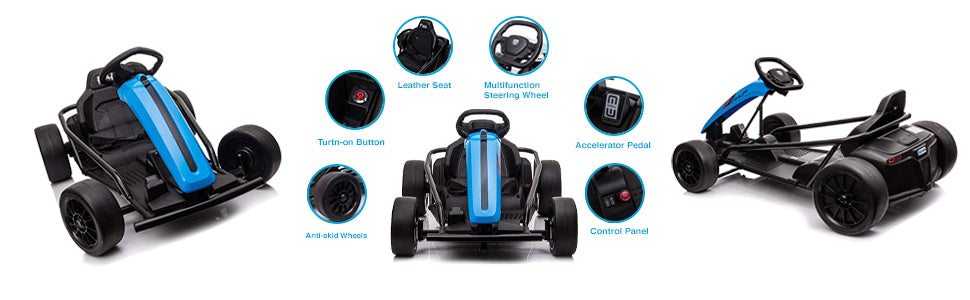 Blue 24V kids drift go-kart with leather seat, multifunction steering wheel, accelerator pedal and anti-skid wheels