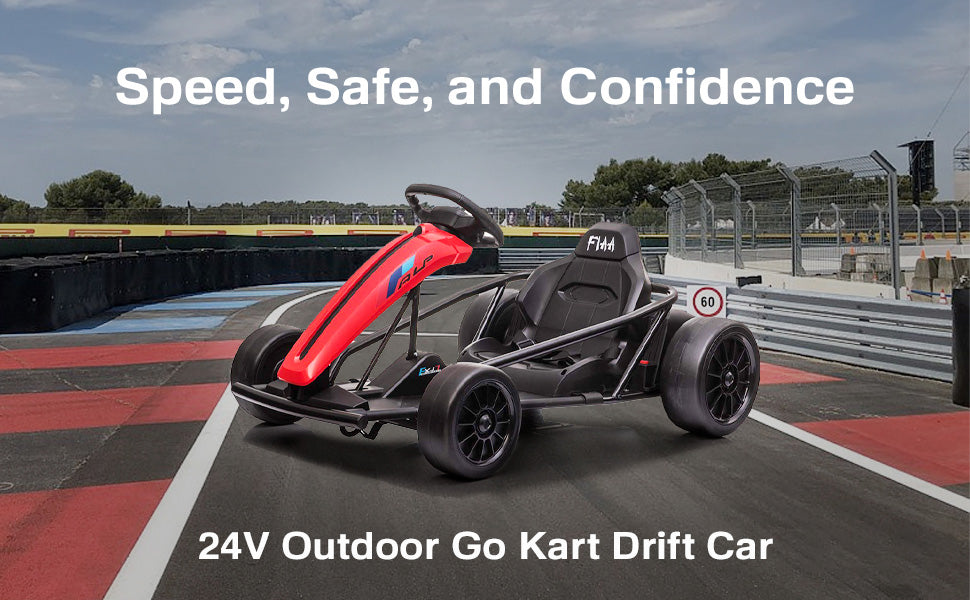 Red 24V outdoor kids drift go-kart displayed on a racetrack