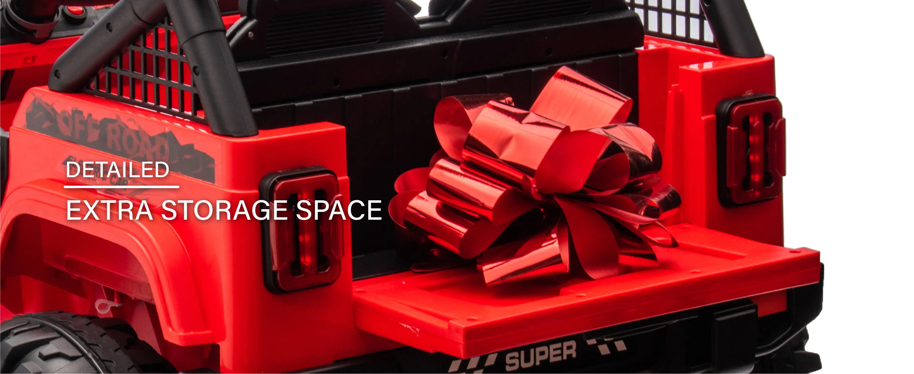 Rear storage compartment on the red 24V kids ride-on Jeep