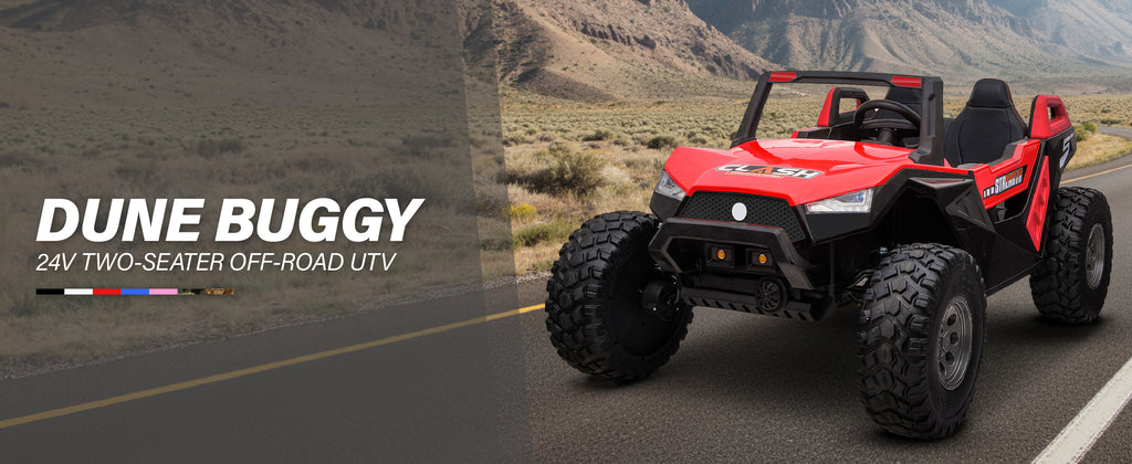 Red 24V two-seater kids electric dune buggy designed for off-road adventures