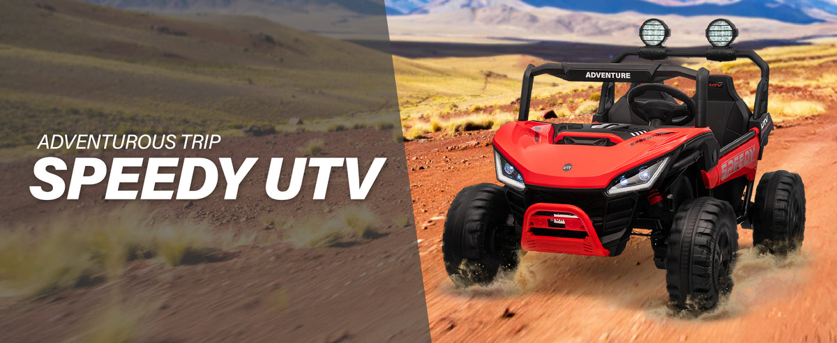 Red 24V kids ride-on UTV designed for exciting outdoor adventures