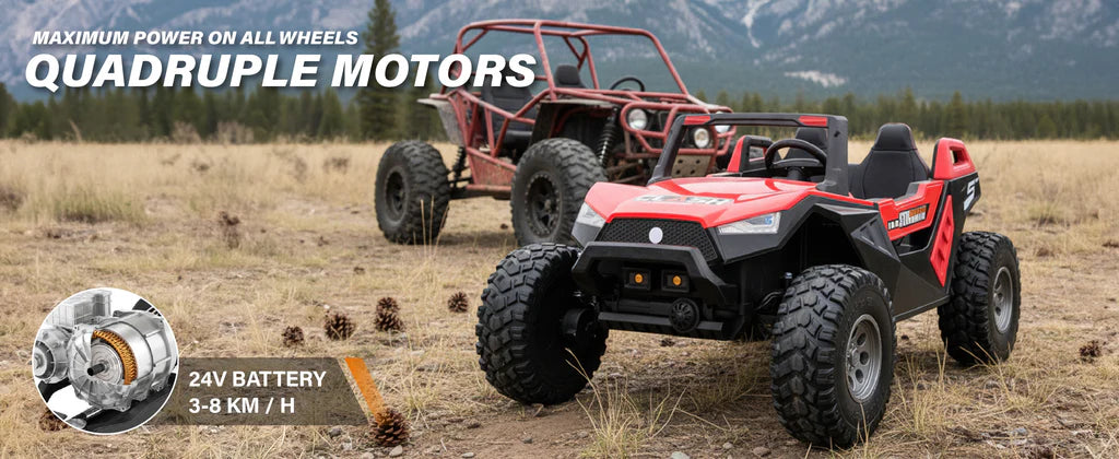 24V four-motor kids ride-on dune buggy with speeds from 3 to 8 km/h