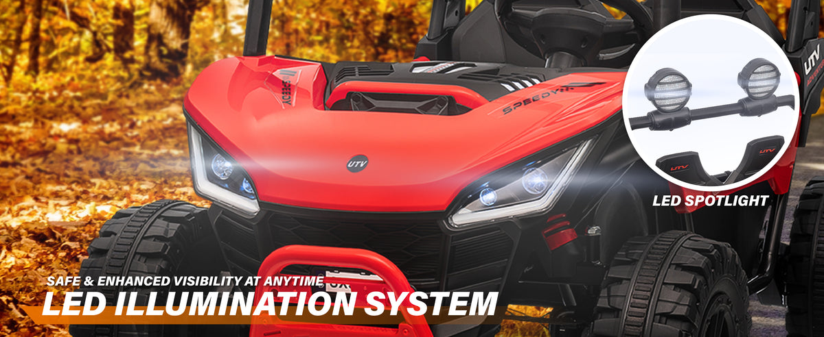 Front LED headlights and roof spotlights on the 24V kids ride-on UTV