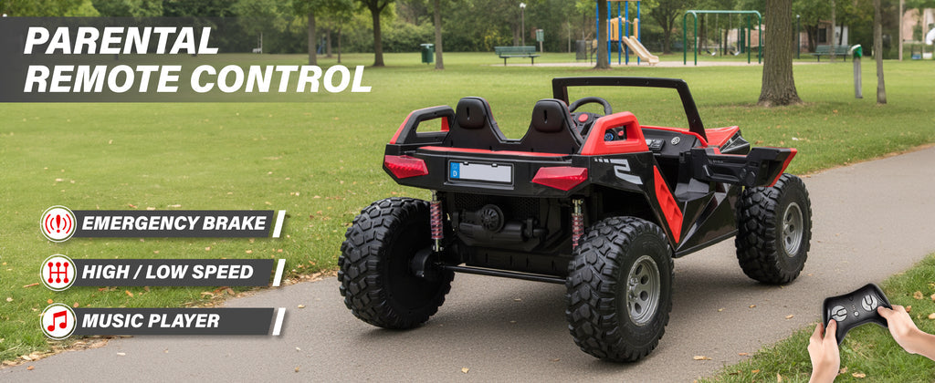 Kids ride-on dune buggy with parental remote control, emergency brake and speed settings