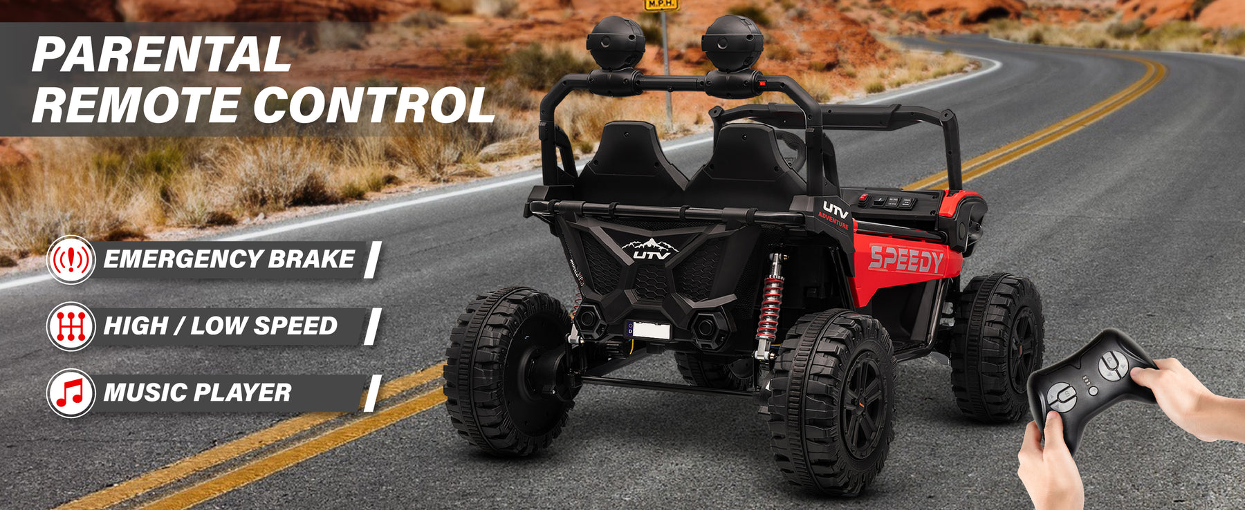 Kids ride-on UTV with parental remote control, emergency brake and speed settings