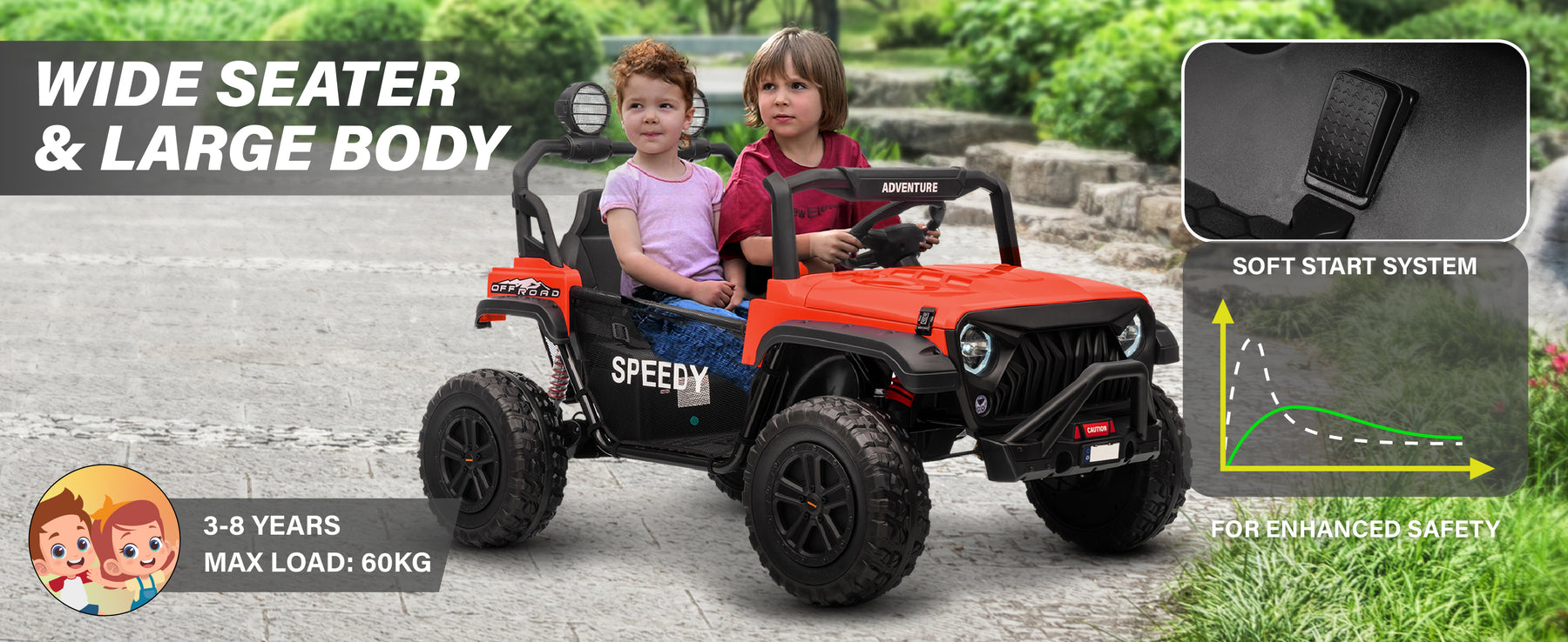 Two-seater 24V kids UTV ride-on car with soft start system