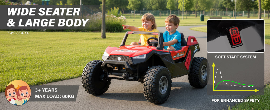 Two children riding the wide two-seater dune buggy with a soft-start safety system