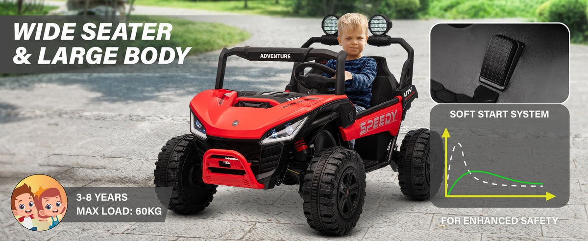 Child driving the wide-seat kids ride-on UTV with a soft-start safety system