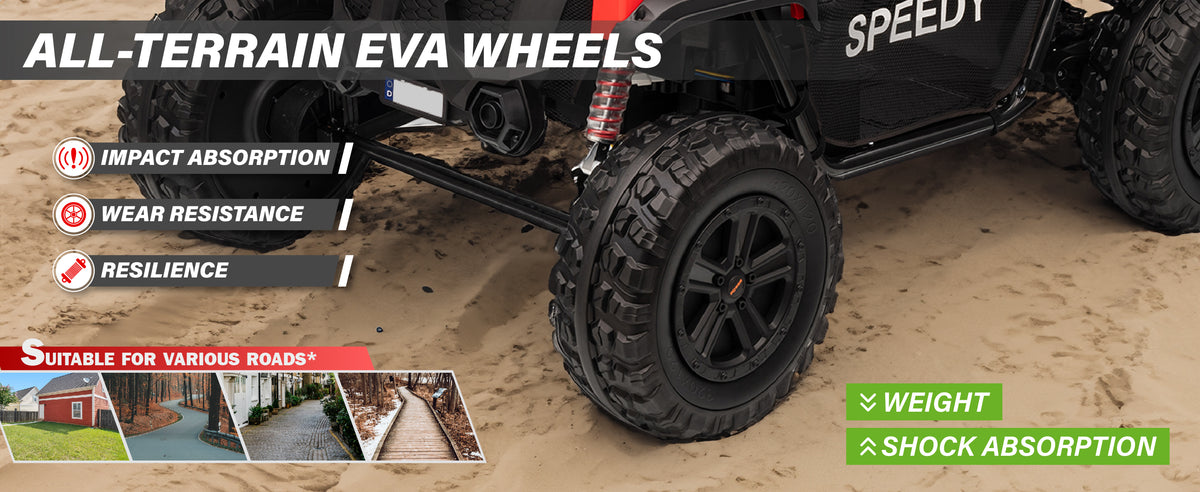 24V kids UTV ride-on car with all-terrain EVA wheels and shock absorption