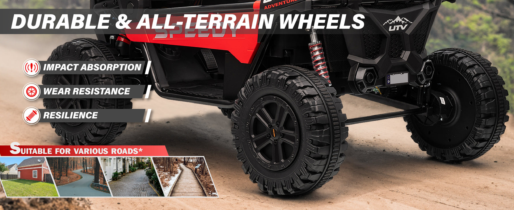Durable all-terrain wheels with impact absorption and wear resistance on the kids UTV