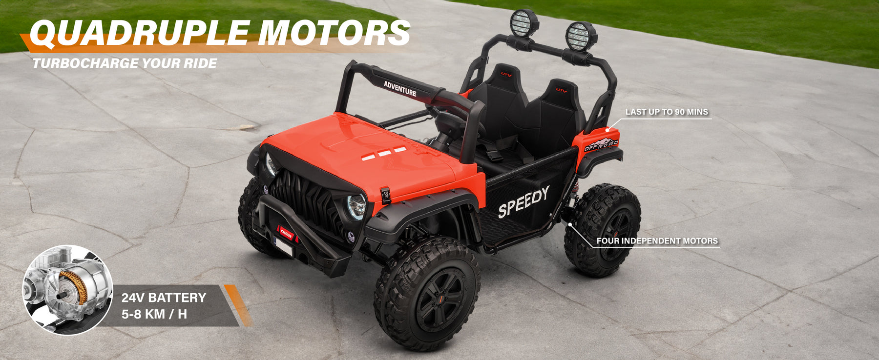 24V kids UTV ride-on car with four motors and up to 90 minutes playtime