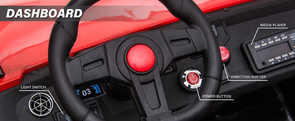 Kids dune buggy dashboard with media player, light switch, power button and direction shifter