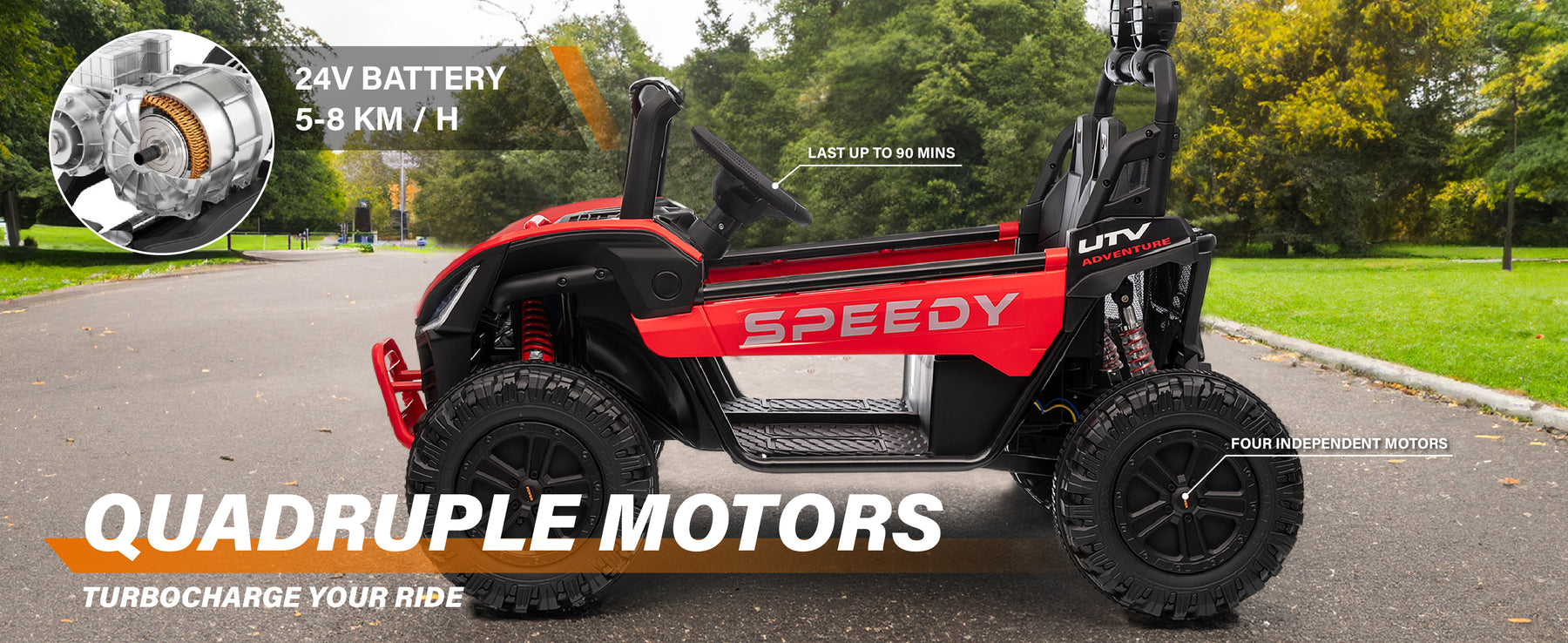 24V four-motor kids ride-on UTV with speeds up to 8 km/h and 90-minute runtime