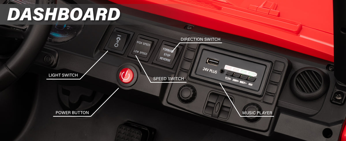 24V kids UTV ride-on car dashboard with speed switch, lights and music player