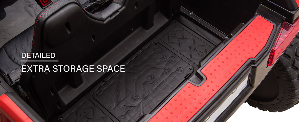 Extra storage compartment behind the seats of the kids ride-on dune buggy