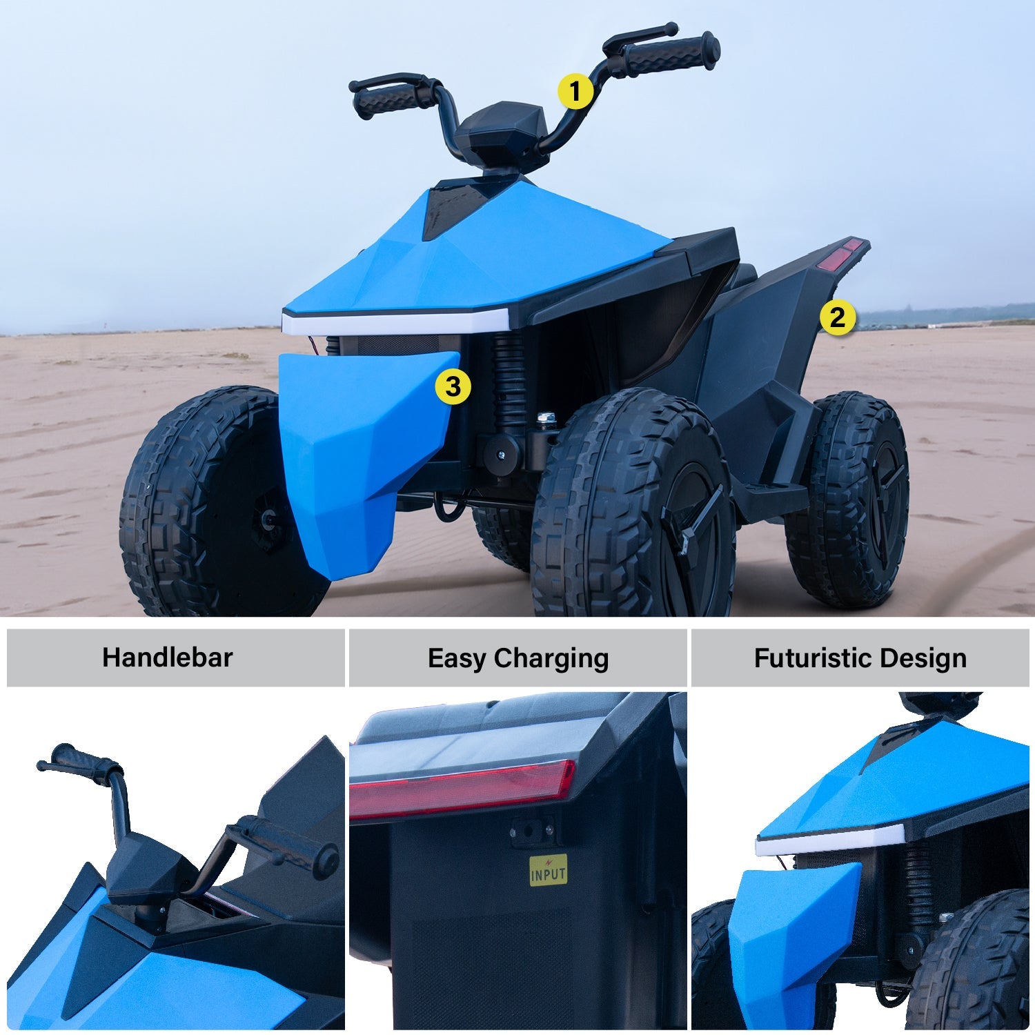 Blue electric quad bike for kids aged 3-8 with MP3 music and LED lighting