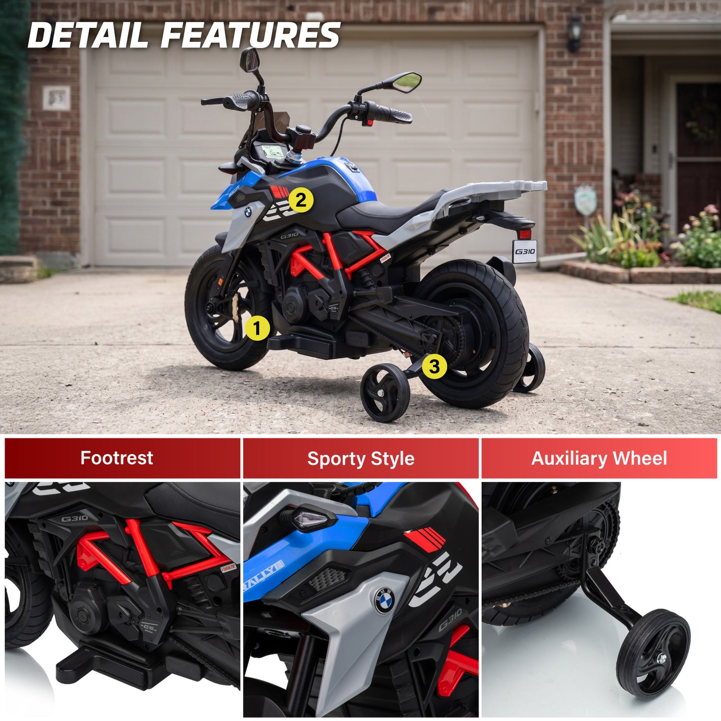 Official Licensed BMW G310 24V Kids Ride-On Motorcycle with Auxiliary Wheels