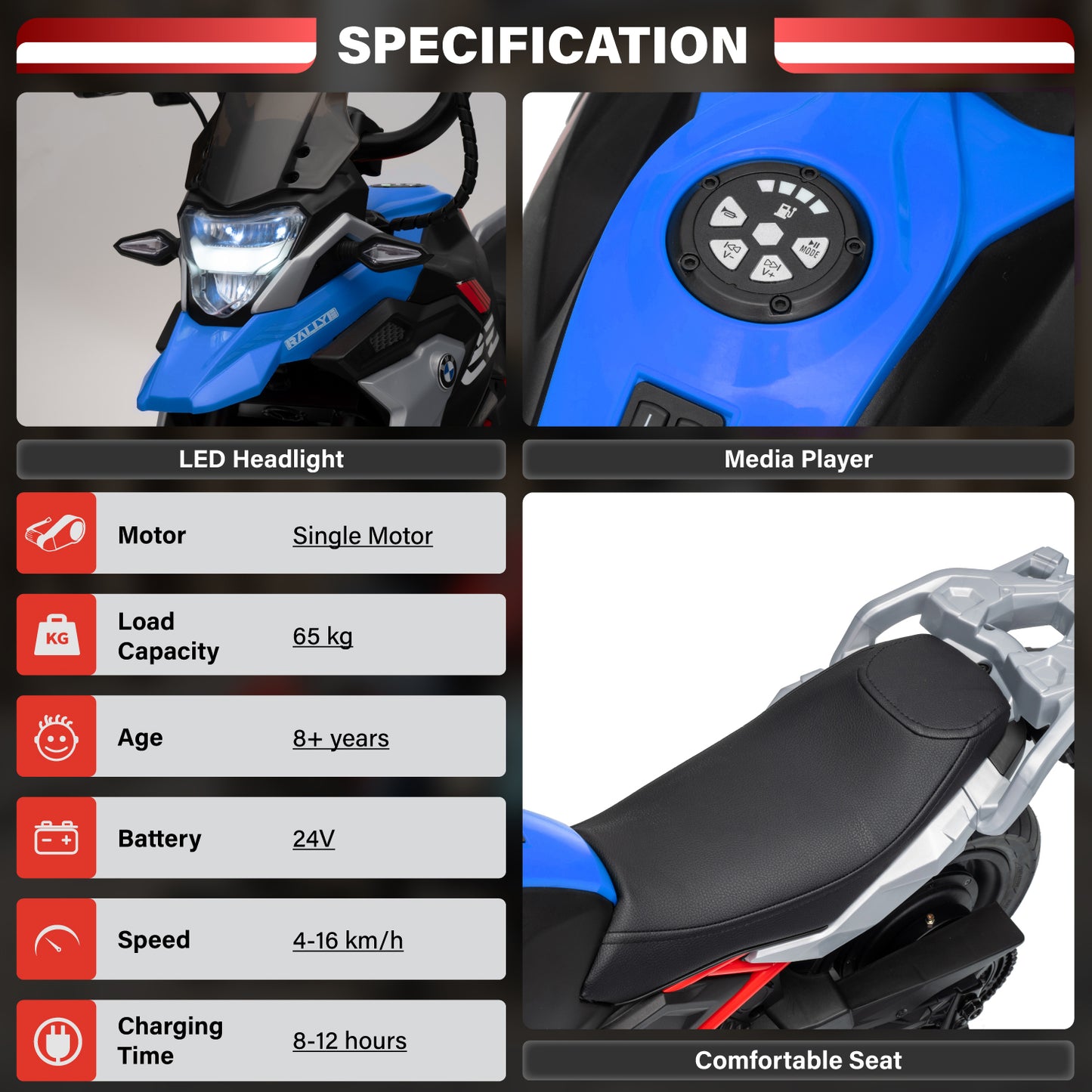 Official Licensed BMW G310 24V Kids Ride-On Motorcycle with Auxiliary Wheels