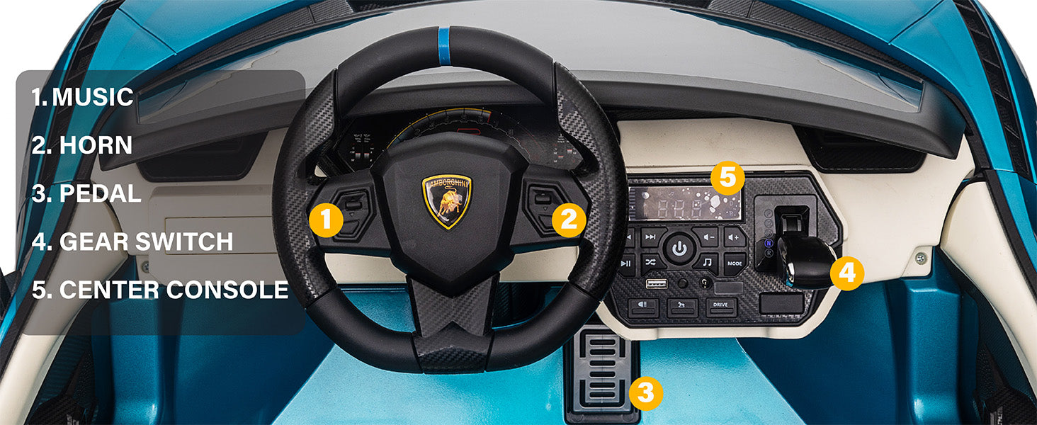 Lamborghini Sian kids ride-on car dashboard with music, horn, pedal and gear switch