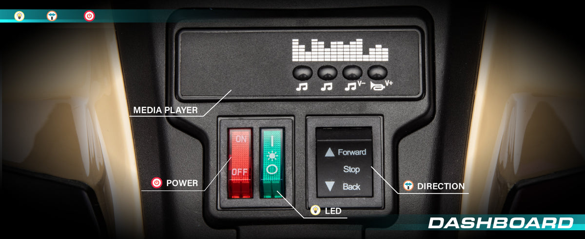 Kids electric ATV dashboard with media player, LED and direction controls