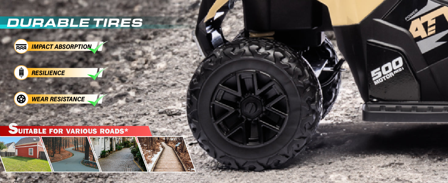Kids ride-on ATV with durable knobby tires for various terrains