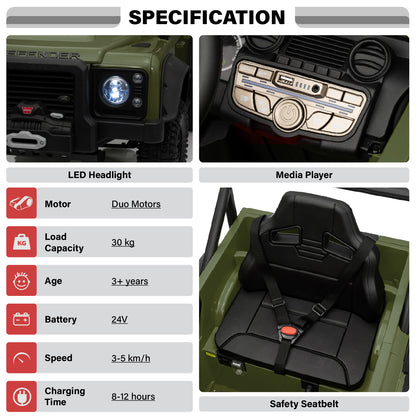 Officially Licensed Classic Land Rover Defender 110 SVX 24V Kids Ride-On Car with Remote Control