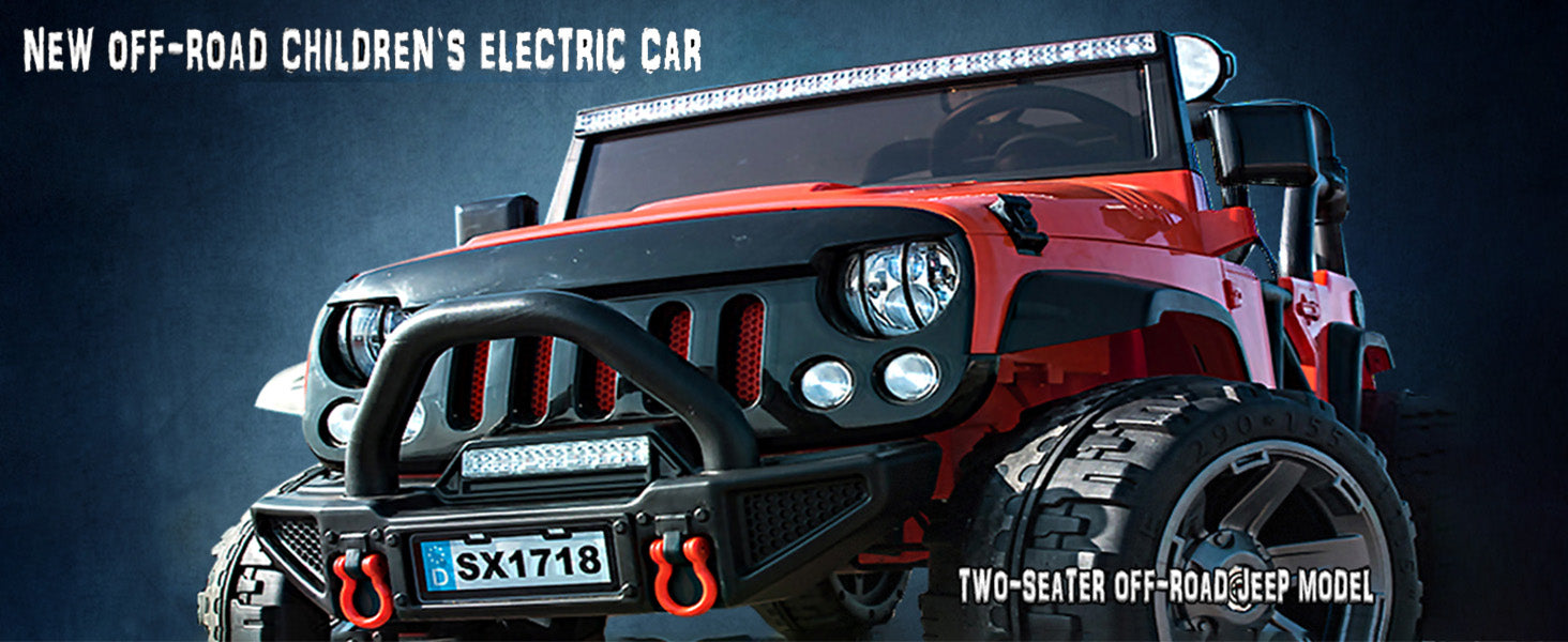 Red two-seater off-road kids electric Jeep with front LED light bar and rugged tires